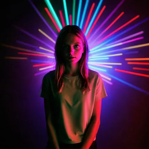 Prompt: ellie williams under colorfull ligths in the dark 