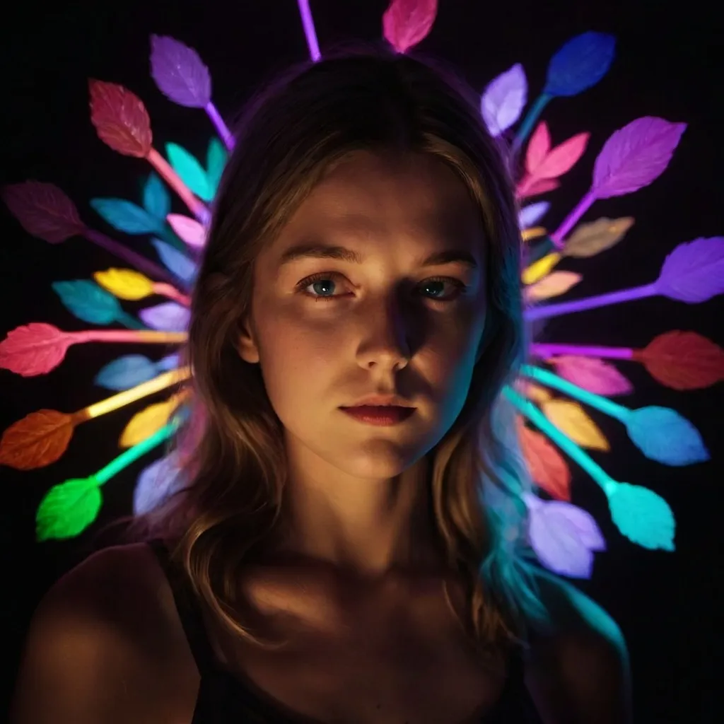 Prompt: ellie williams under colorfull ligths in the dark 