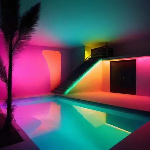 Prompt: curvy, thick, robust bryce dallas  howardon the pool under colorfull ligths in the dark
