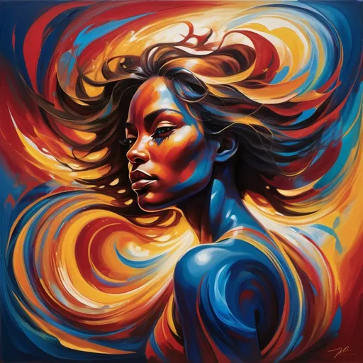 Prompt: Abstract art of a visionary and persevering woman, her silhouette emerging from swirling vibrant colors, symbolizing resilience and determination. Her eyes are glowing with purpose, surrounded by elements of light and shadows that represent challenges and achievements. Dynamic brushstrokes and flowing lines convey energy and motion, while golden accents highlight her visionary aura. The background blends deep blues, fiery reds, and luminous golds to evoke a sense of strength and ambition. Modern and contemporary style, 4K resolution, highly detailed.”