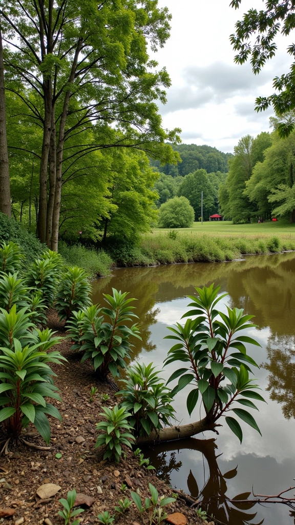 Prompt: 
4. Riverbank or Wetland Scene with Water Hemlock:
A realistic nature scene showing a wetland or riverbank with multiple Water Hemlock plants growing near the water’s edge. The environment looks peaceful but has an eerie, mysterious vibe. A subtle red warning sign in the corner warns viewers about the hidden danger
