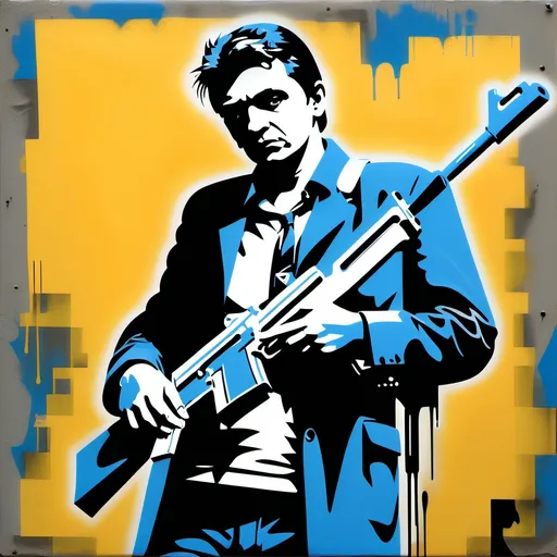 Prompt: (pop art style), Banksy-inspired depiction of Jonny Cash, holding an M-16 rifle like a guitar, satirical and edgy, street art aesthetic, dynamic stencil work, cool color scheme with various shades of blue and gray, striking contrasts, bold lines, urban backdrop, modern interpretation, HD quality, engaging composition.