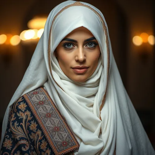 Prompt: Mia khalifa, a silver-haired woman, detailed ornate cloth robe and hijab, dramatic lighting
