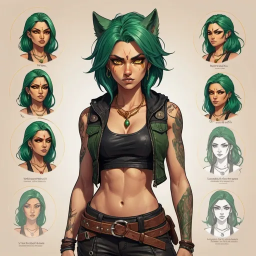 Prompt: Character design sheet woman green open hair , black leather tanktop with brown knife vest ,tattoos, warrior pants, toned abs, beautiful navel, most beautiful face with a scar , golden wolf eyes, indian necklace , chakras