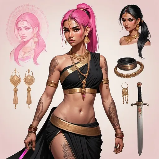 Prompt: Character design sheet woman pink ponytail black saree with gold accents, tattoos, indian sword, bindi, most beautiful face with toned abs, warrior shoes, horse in background 