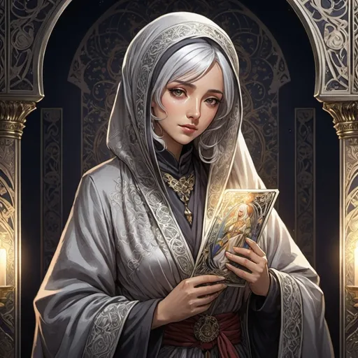 Prompt: tarot card Anime illustration, a silver-haired woman, detailed ornate cloth robe and hijab, dramatic lighting
