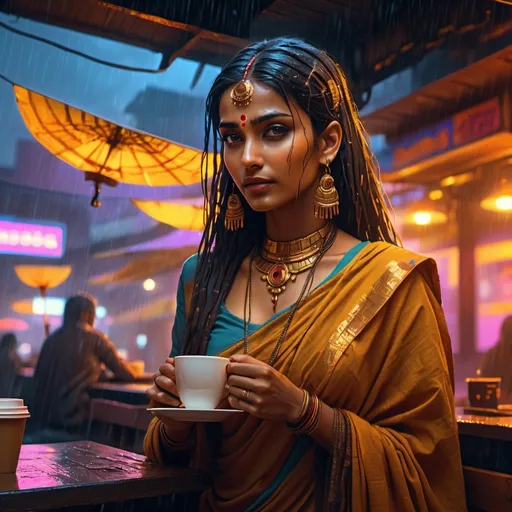 Prompt: Anime cyberpunk style, woman in coffee shop, highly detailed, HD, dark indian background, woman in traditional indian clothes, rain, gods in the sky