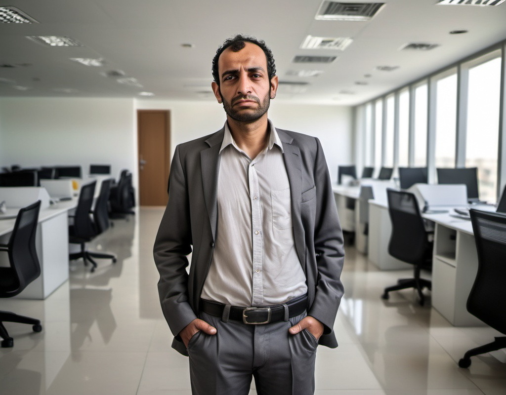 Prompt: Egyptian poor man, in his thirties , standing inside a modern corporate office, Job interview, shirt without jacket, old casual cloth.