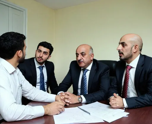 Prompt: Iraqi boss talking to his three employees