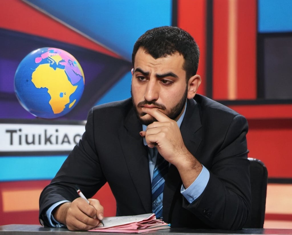 Prompt: Iraqi participant in quiz tv show thinking hard.