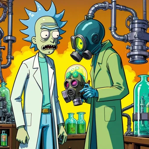 Prompt: Rick and Morty with gas mask on and in a lab, in the style of Jack Kirby and Wally Wood, 1940s vintage comic.          