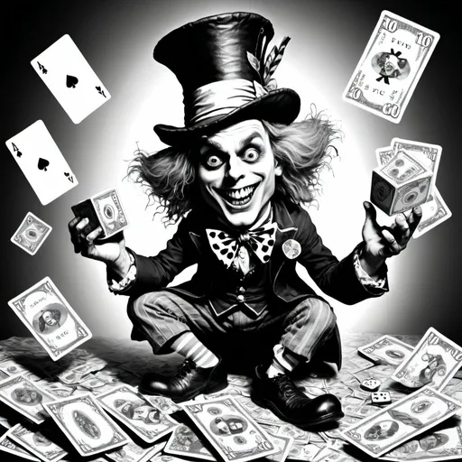 Prompt: A crazy demonic looking mad hatter with big pupils and he's stomping on a stack of $100 bills with his foot whilethrowing dice full body 3d picture with teacups and cards and dice in the background with the caption 