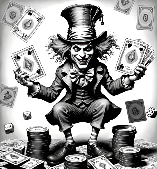 Prompt: A crazy demonic looking mad hatter  stomping on a stack of $100 bills with his foot and playing dice and is in 3d best qaulity picture with cards and dice in the background