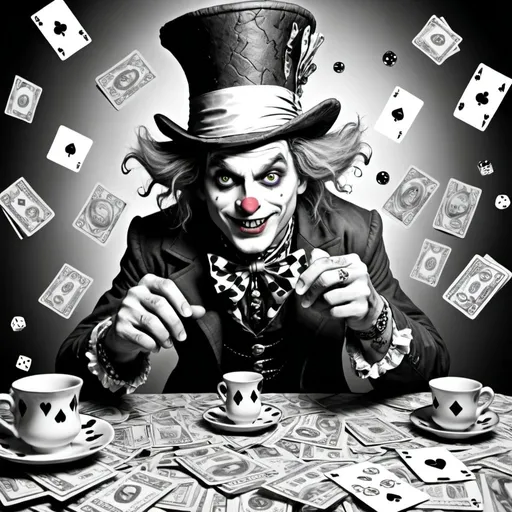 Prompt: A crazy demonic looking mad hatter with big pupils and he's stomping on a stack of $100 bills juggling dice and playing poker 3D looking picture with teacups and cards and dice in the background with the caption straight clowning at the top of the picture full body picture