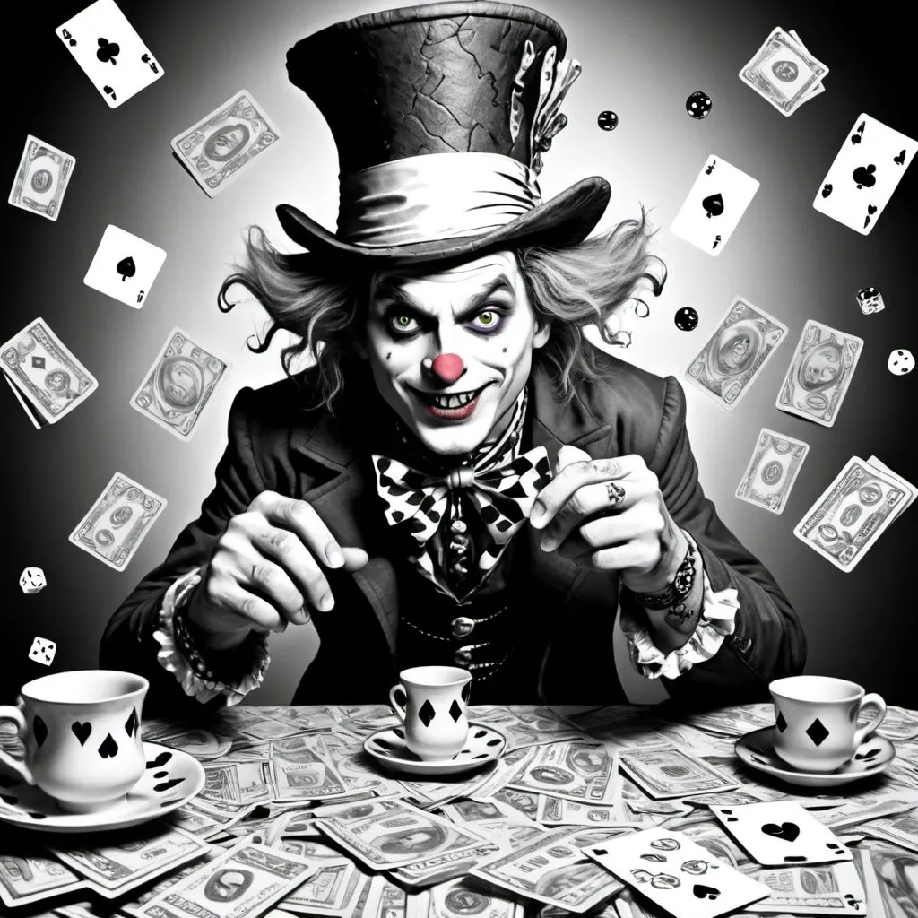 Prompt: A crazy demonic looking mad hatter with big pupils and he's stomping on a stack of $100 bills juggling dice and playing poker 3D looking picture with teacups and cards and dice in the background with the caption straight clowning at the top of the picture full body picture