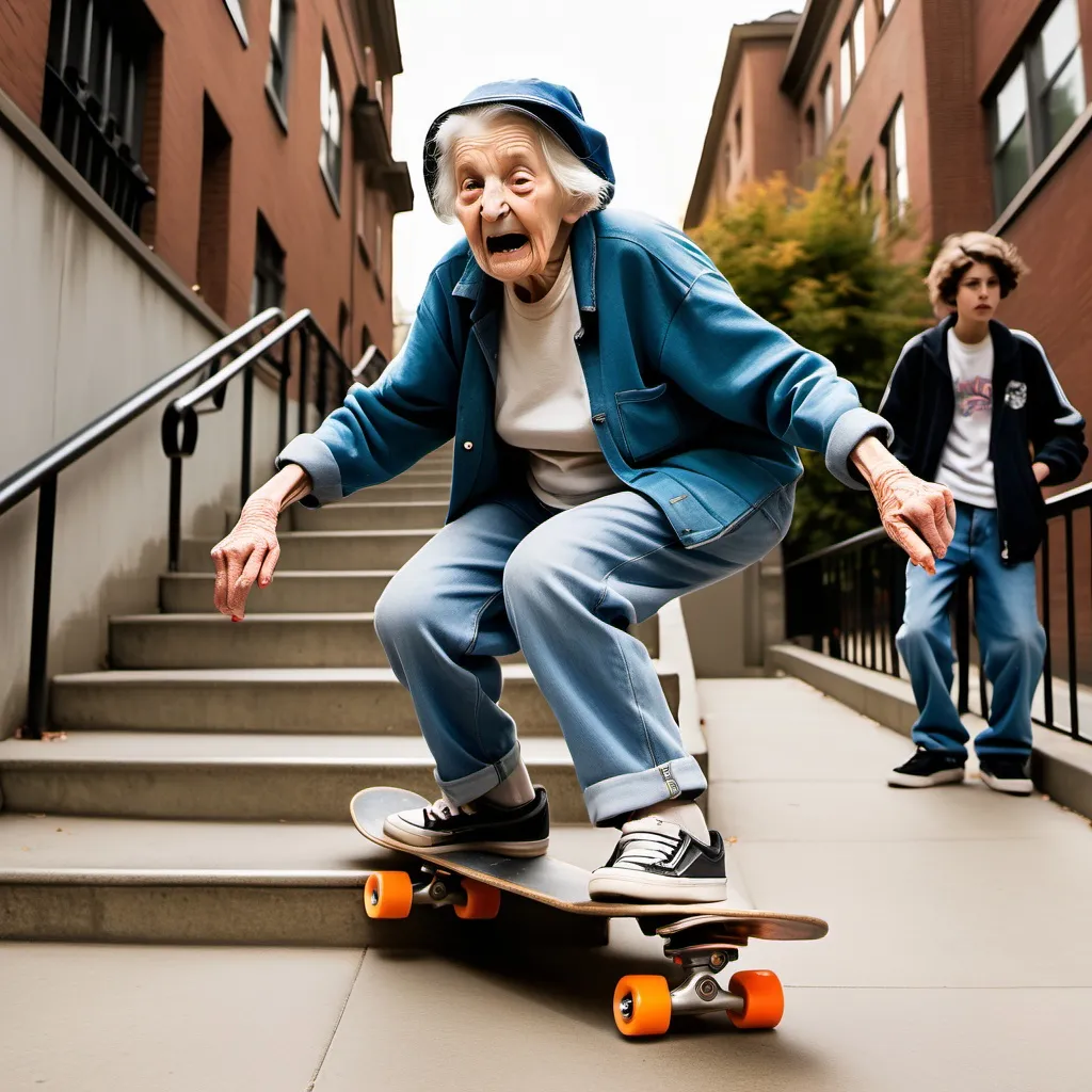 Prompt: an extremely old woman on a skateboard grinding the handrail of a 75 step staircase. there are several urban teenagers wearing baggy jeans. the urban teenagers all have facial expressions of shock and disbelief.