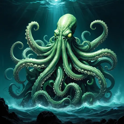 Prompt: pulp, deep-sea, tentacle, grappling, cthulhu, bioluminescent