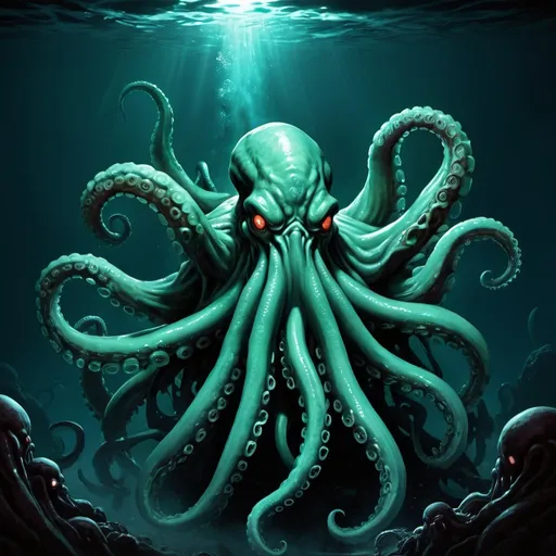 Prompt: pulp, deep-sea, tentacle, grappling, cthulhu, bioluminescent