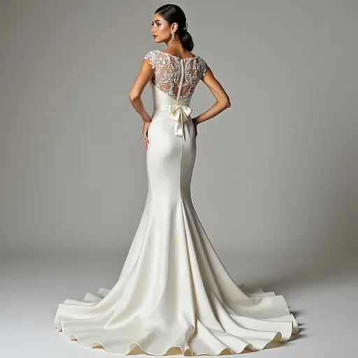 Prompt: Satin Bateau neckline, tight and fitted silhouette wedding dress with a detachable long train with a bow on the back
