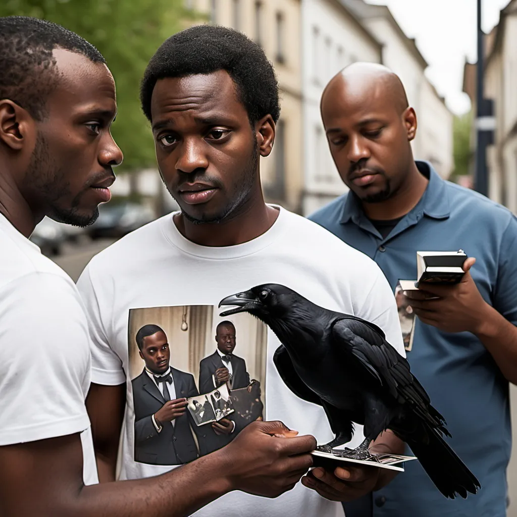 Prompt: A black man with a crow on his shoulder showing an album full of photos to another man. the other man looks confused
