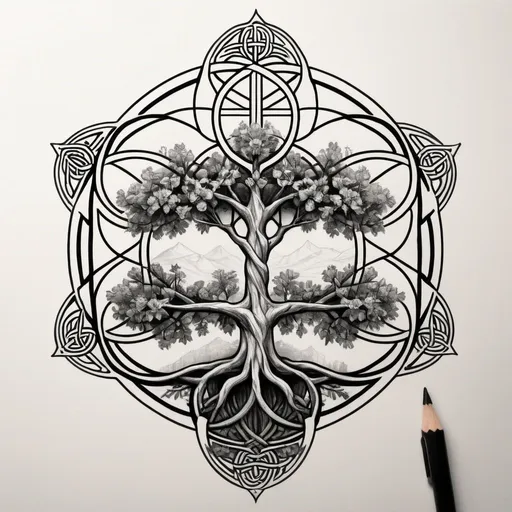 Prompt: geometric flower of life with celtic elder tree sketch 