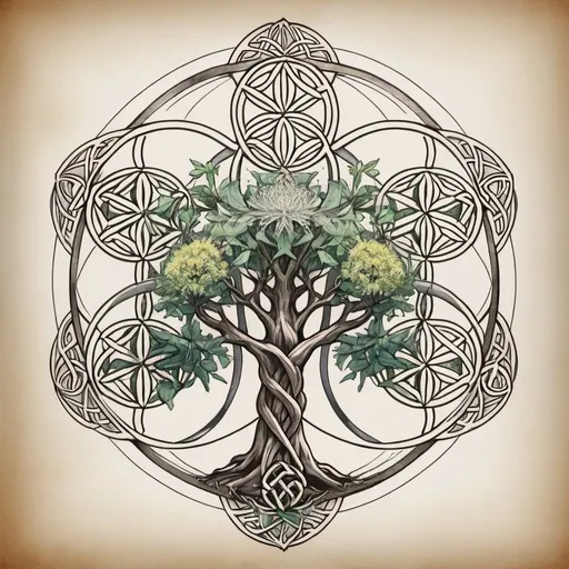Prompt: geometric flower of life with celtic elder tree sketch 