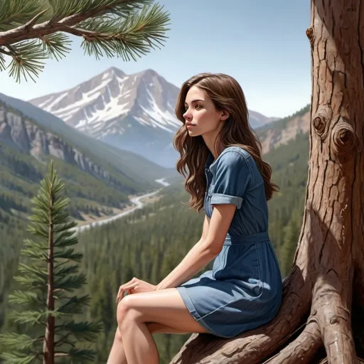 Prompt: A realistic drawing of a Skinny but strong young woman with brown hair wearing a denim dress, sitting in a pine tree looking at the beautiful mountain scene.