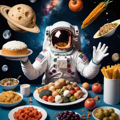 Prompt: Astronaut Surrounded of delicious food
