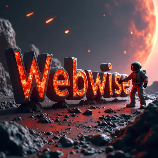 Prompt: A futuristic, ultra-realistic 8K smartphone wallpaper featuring the "Webwise" text logo with a bold, geometric font. The letters are made of dark, rugged meteorite material with cracks that reveal a glowing molten lava-like red and orange light from within. The text has a strong 3D effect, with deep shadows and jagged contours that make it feel solid and powerful, as if forged in the depths of space.

The background depicts a desolate alien planet, filled with jagged rock formations and a swirling, dark galaxy above, painted in hues of deep reds, dark purples, and fiery oranges. Tiny glowing embers and space debris float around the logo, adding a subtle sense of motion, while small meteorites occasionally burst across the distant sky, enhancing the scene’s intensity.

An astronaut, detailed with signs of wear and tear, is in an action pose, reaching toward the glowing text or holding onto a nearby asteroid, adding a sense of interaction and exploration. The overall design is raw, intense, and dynamic, with rugged textures and dramatic lighting creating a powerful, otherworldly visual.