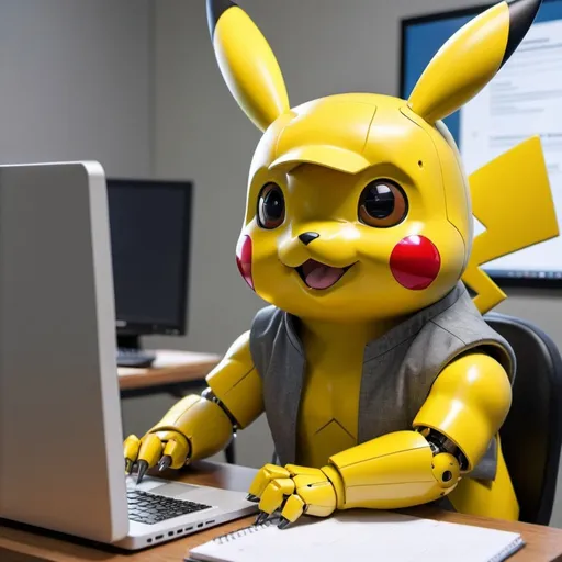 Prompt: AI robot Pikachu doing homework while looking at the computer