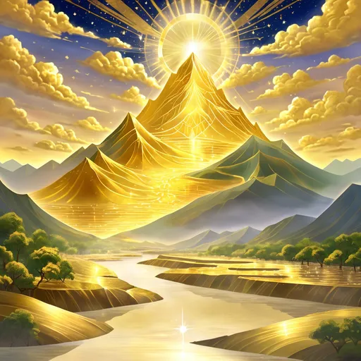 Prompt: A majestic golden mountain surrounded by a radiant golden glow, with a shimmering golden river flowing down its slopes. The river sparkles with embedded gemstones of various colors, reflecting the light beautifully. The scene feels divine and biblical, reminiscent of Genesis, evoking a heavenly and peaceful atmosphere. The background features a serene sky with soft golden and white clouds, emphasizing a celestial setting.