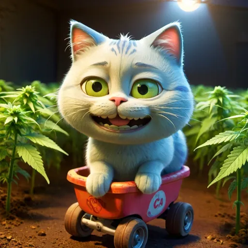 Prompt: Disney-style illustration of a cute bud of weed with bright eyes, smiling riding a cute cat 