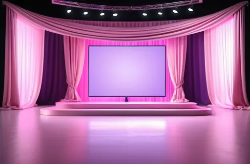 Prompt: A beautiful stage with a large rectangular monitor in the middle, a pink theme, and lighting with pink and purple lights - soft colors. Suitable for TV commercials. With elements of soft and delicate curtains.
