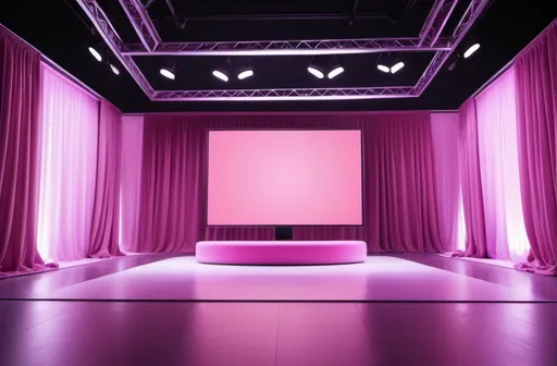 Prompt: A beautiful stage with a large rectangular monitor in the middle, a pink theme, and lighting with pink and purple lights - soft colors. Suitable for TV commercials. Elements of soft curtains and soft mattresses.
