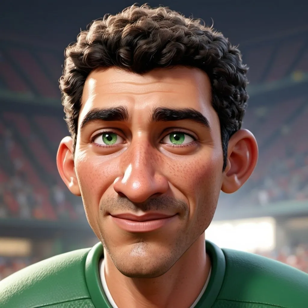 Prompt: create a male character for an animated movie, Dad’s big nose american athletic but clumsy, Mom’s sparkling green eyes and freckles, latina looking).