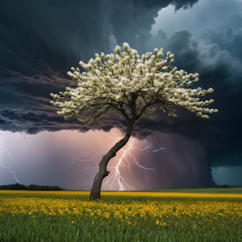 Prompt: a tree blooming around a storm