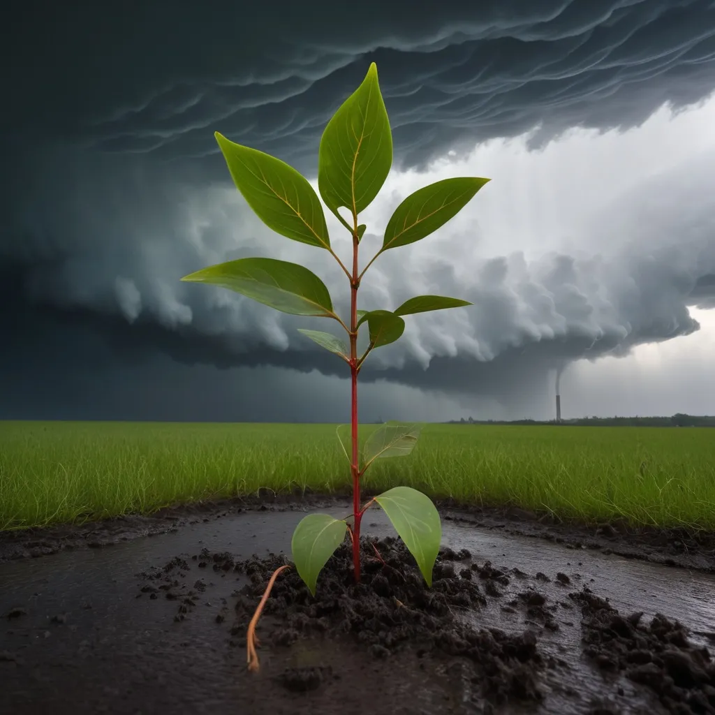 Prompt: heavy storm around a small plant sapling