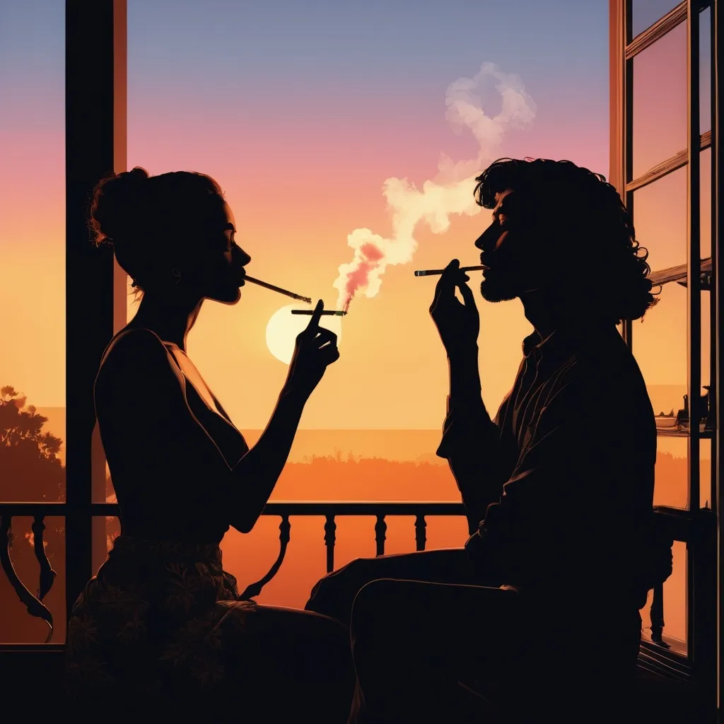 Prompt: a peaceful scene of two people , a man and women sitting in a balcony together, smoking  silhouetted  weed sunset