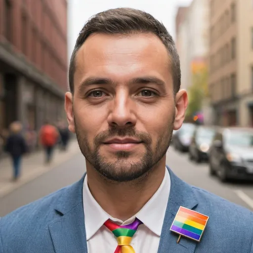 Prompt: Man wearing gay pride pin in a portrait photo