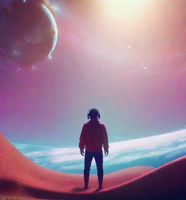 Prompt: Person floating in vast space while listening to music. Beautiful background, 4K HD.