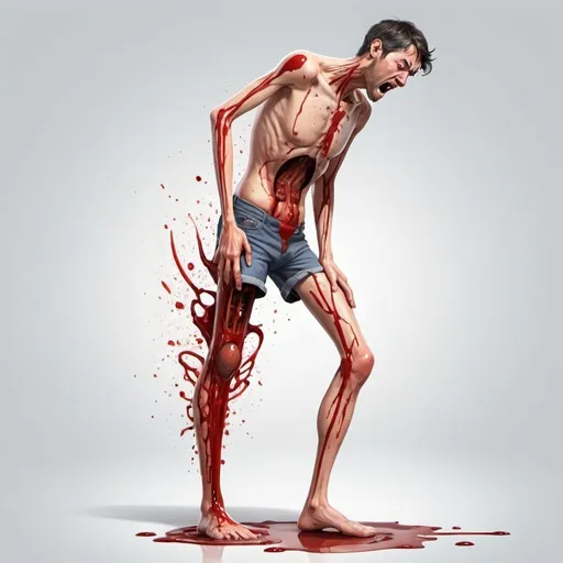 Prompt: vertical illustrated character who is injured in accident blood is flowing from leg person standing with painful expression