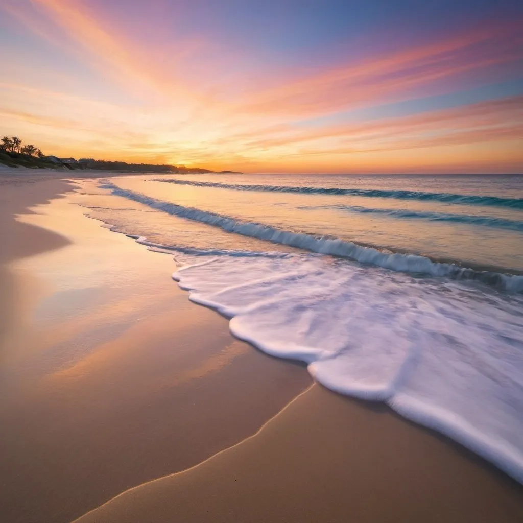 Prompt: A serene beach scene at sunset, with golden sands, a calm ocean, and a colorful sky reflecting in the water.