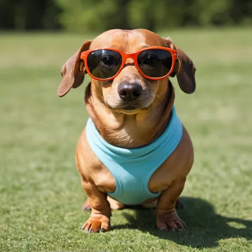 Prompt: Give me a photo of a fat weiner dog wearing sunglasses. The dog should be standing on its back legs. 