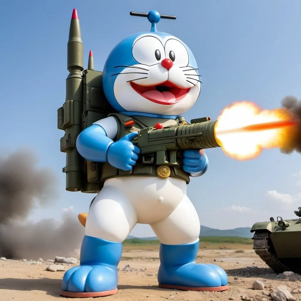 Prompt: Doraemon with a missile launcher in his hand with a animated realistic militar style
