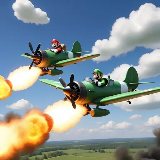 Prompt: Mario and Luigi Bross in a war plane firing missiles at enemies World War II Germany animated style realistic