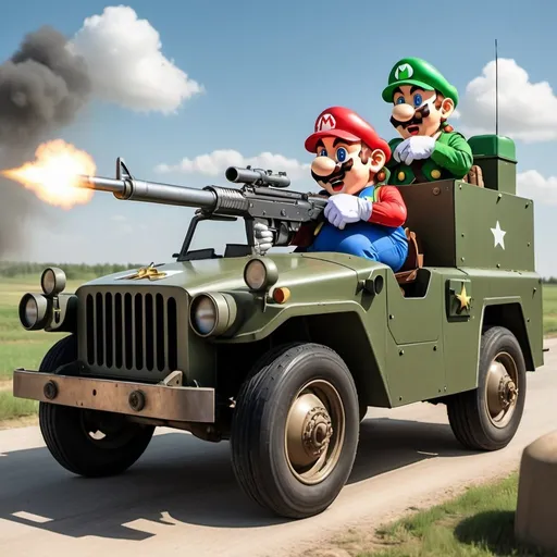 Prompt: Mario and Luigi Bross dressed as army general in an armored car shooting enemies realistic animated style