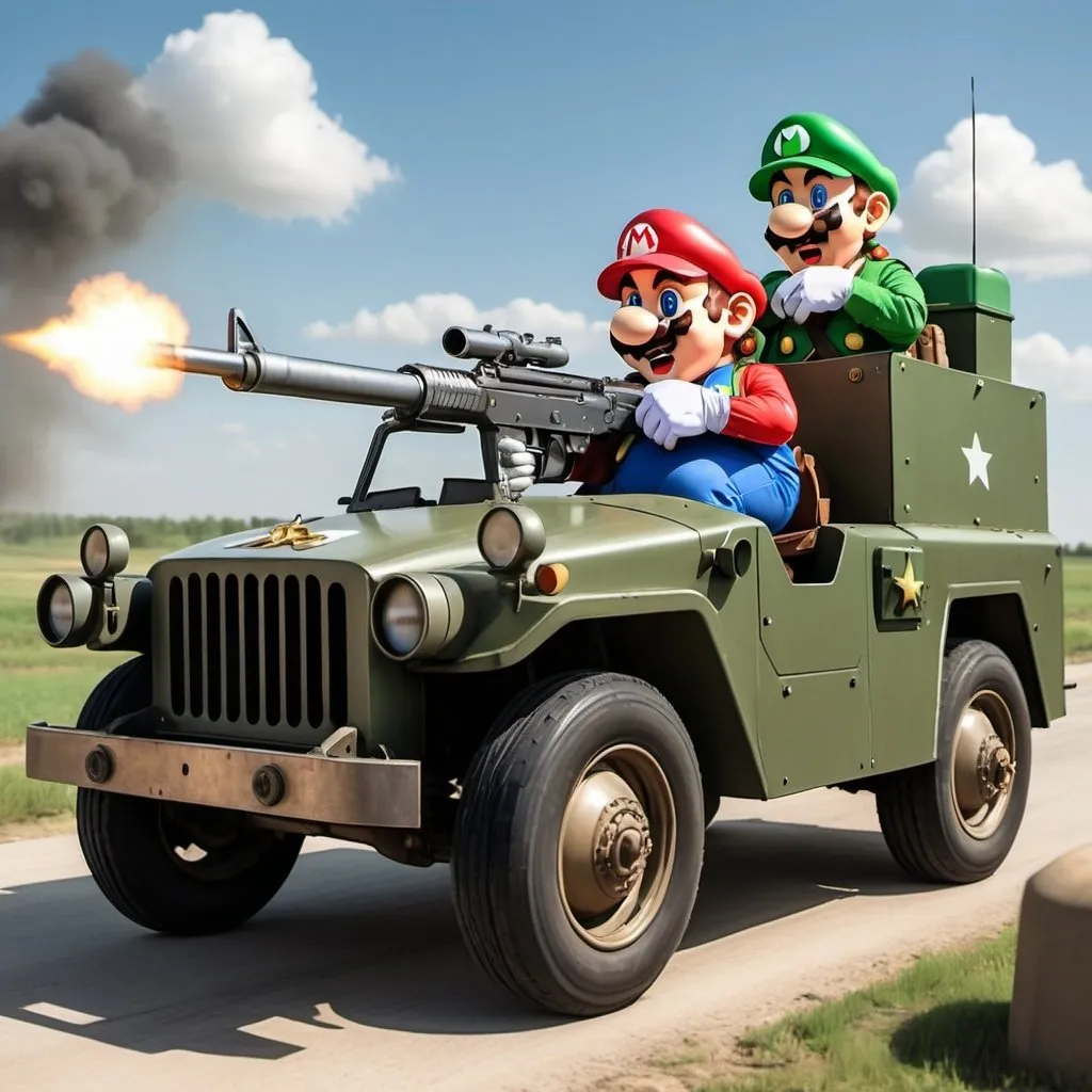 Prompt: Mario and Luigi Bross dressed as army general in an armored car shooting enemies realistic animated style