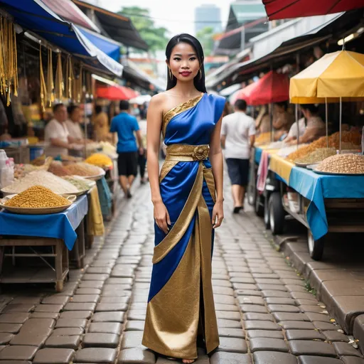 Prompt: A full-body view of a Thai woman in a traditional blue and gold dress, standing on a cobblestone street in a bustling Thai market, with vibrant stalls and colorful canopies in the background fully in focus.