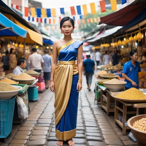 Prompt: A full-body view of a Thai woman in a traditional blue and gold dress, standing on a cobblestone street in a bustling Thai market, with vibrant stalls and colorful canopies in the background fully in focus.