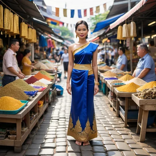 Prompt: A full-body view of a Thai woman in a traditional blue and gold dress, standing on a cobblestone street in a bustling Thai market, with vibrant stalls and colorful canopies in the background fully in focus.